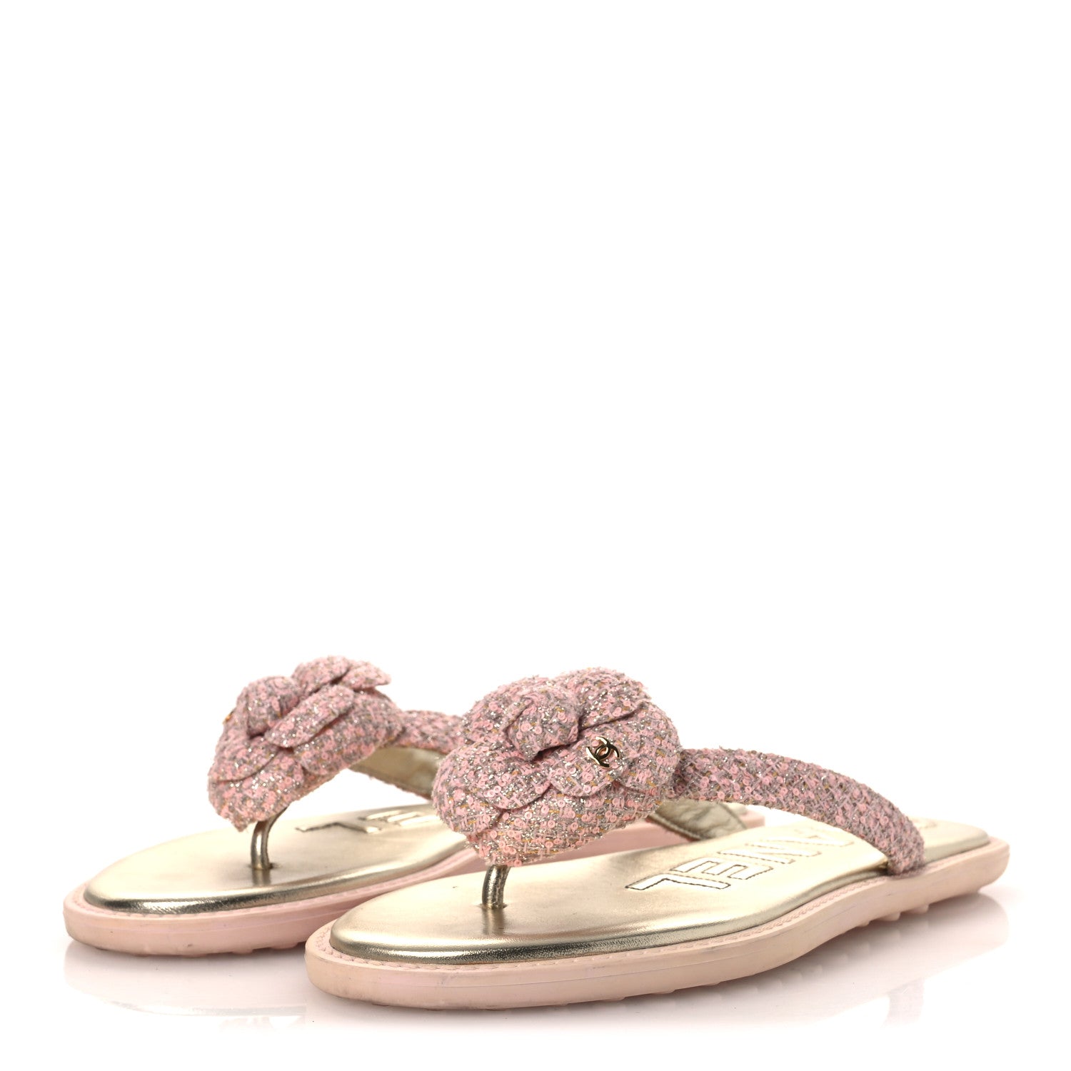 Chanel Tweed Camellia Thong Sandals 37.5 Salmon Apricot Gold