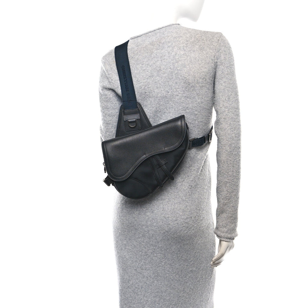 Christian Dior Nylon Grained Calfskin Saddle Bag Black Multicolor
