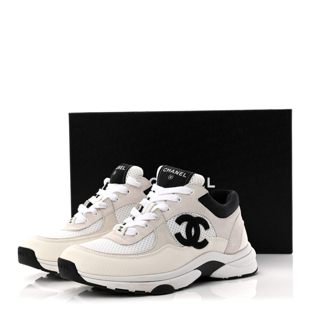 Mesh Suede Calfskin Grained Calfskin Womens CC Sneakers 37.5 White Black