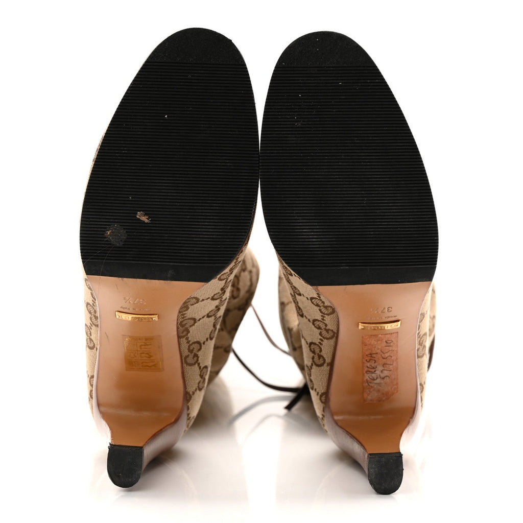 Gucci Monogram Malaga Kid Lisa Mid Heel Boots 37.5 Beige Ebony