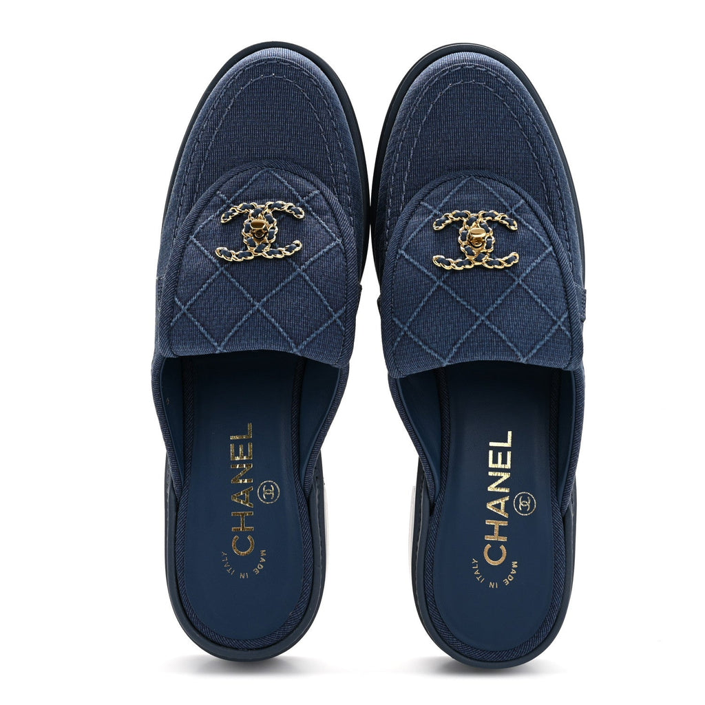 Fabric Quilted CC Turnlock Mules 39 Blue