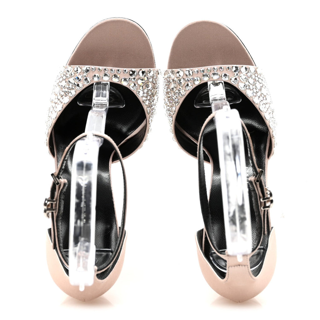 Gucci Satin Crystal Ankle Strap Sandal Pumps 38.5 Skin Rose