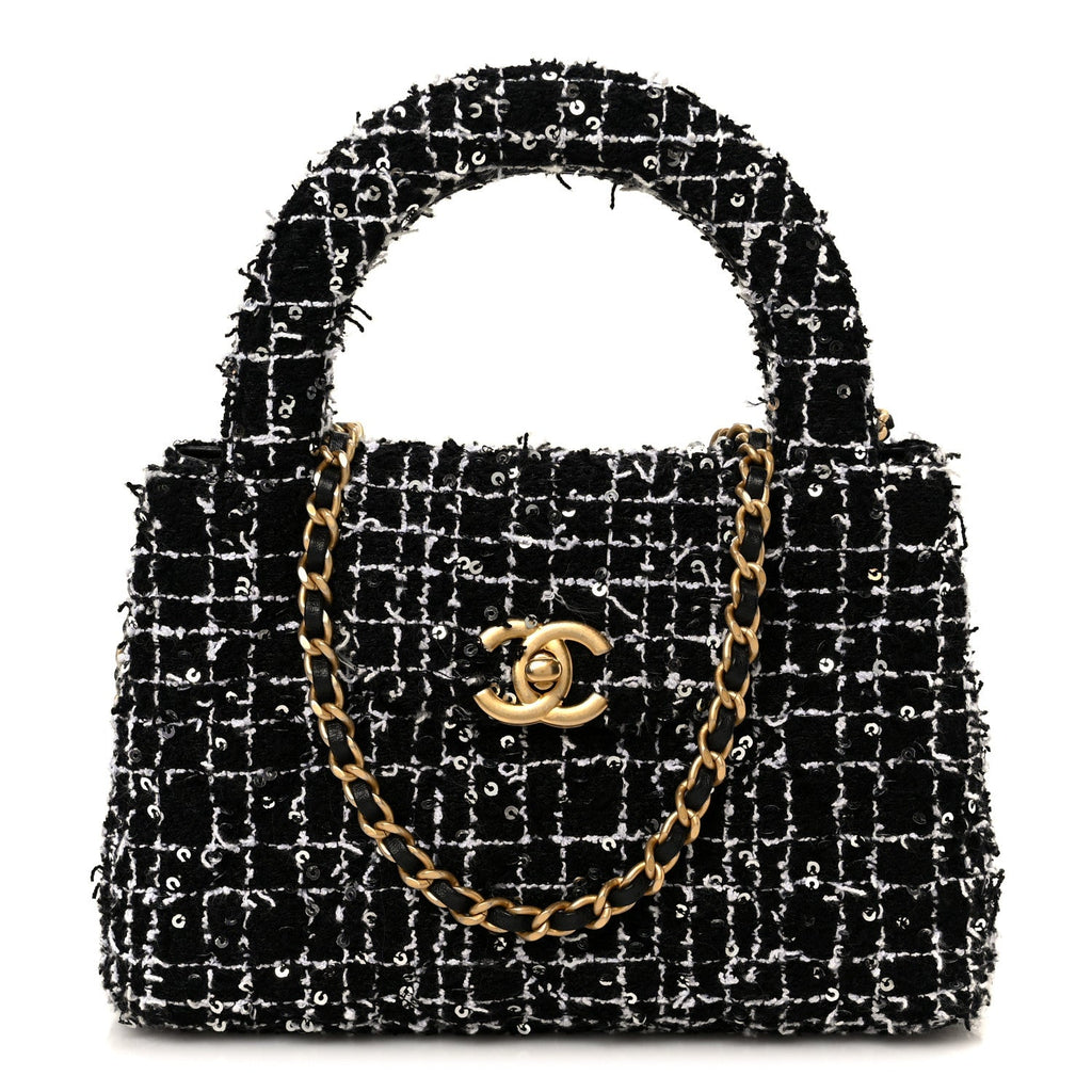 Chanel Tweed Quilted Nano Kelly Shopper Black White