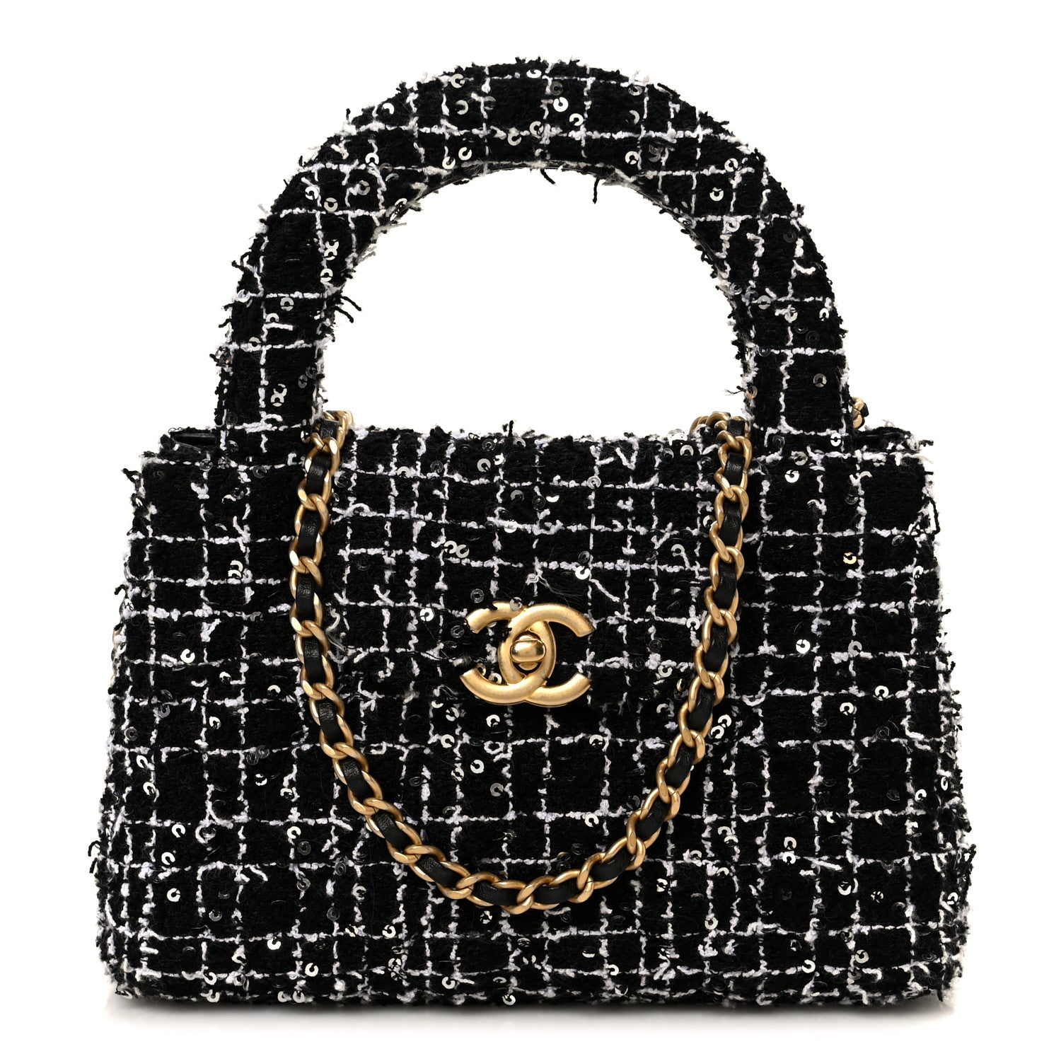 Chanel Tweed Quilted Nano Kelly Shopper Black White