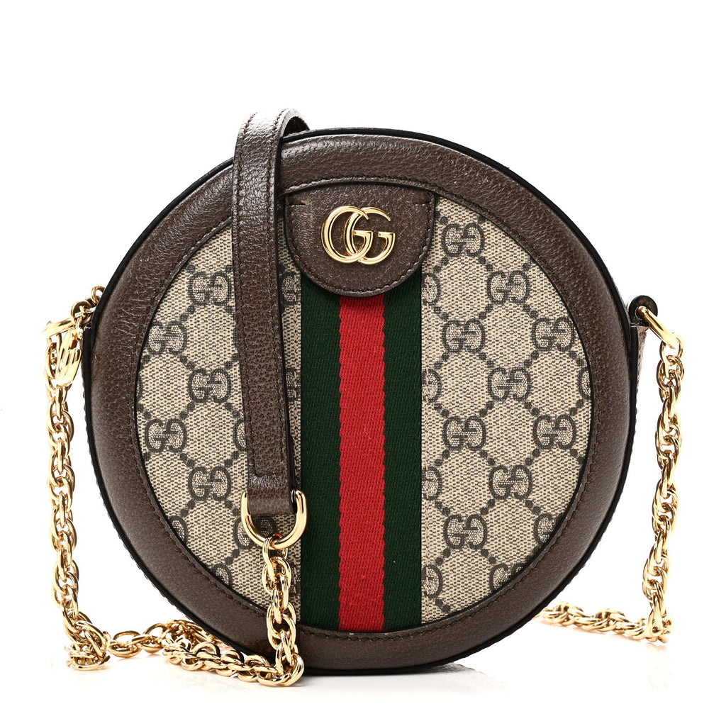 Gucci GG Supreme Monogram Web Mini Ophidia Round Shoulder Bag Brown