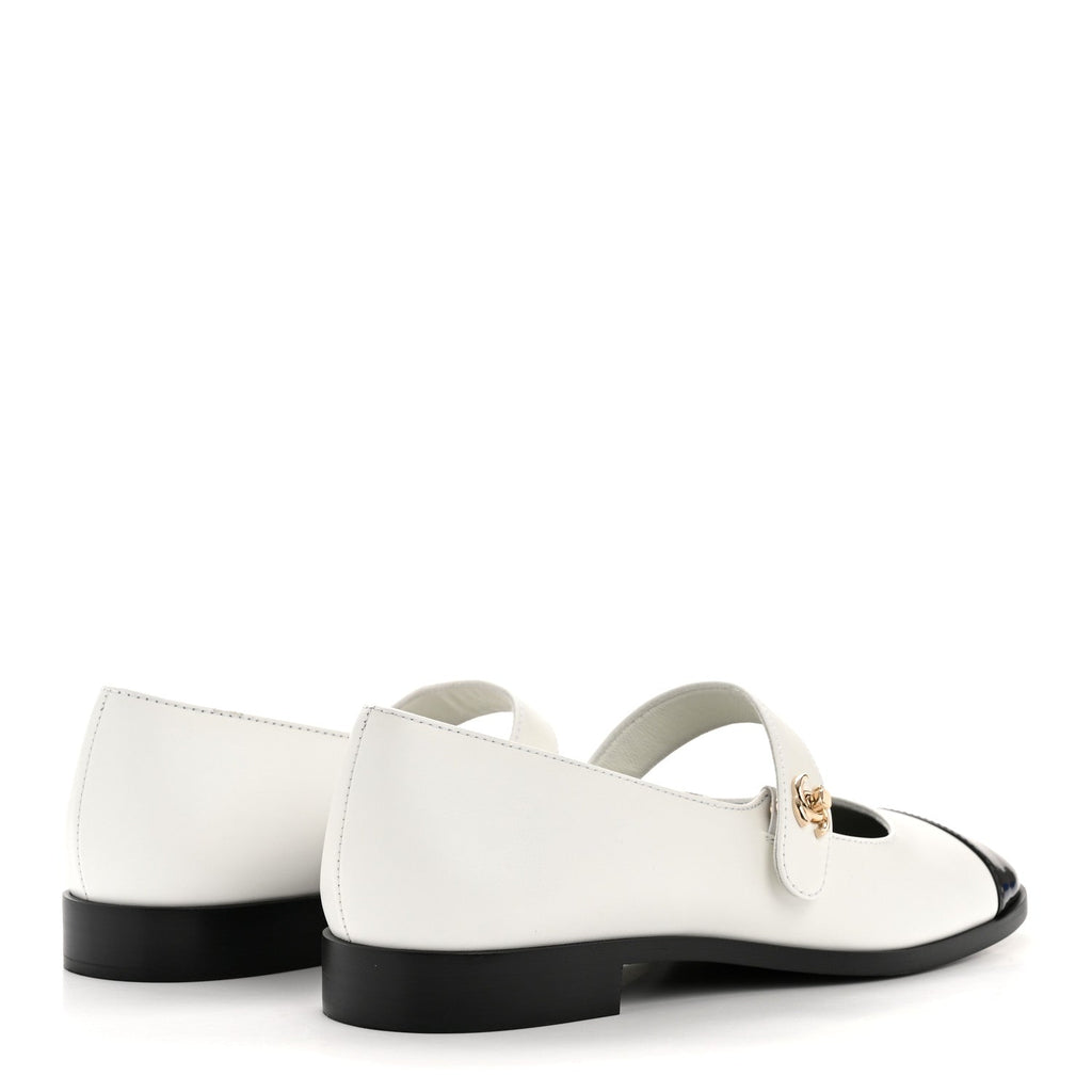 Calfskin Patent Mary Janes Flats 39.5 White Black