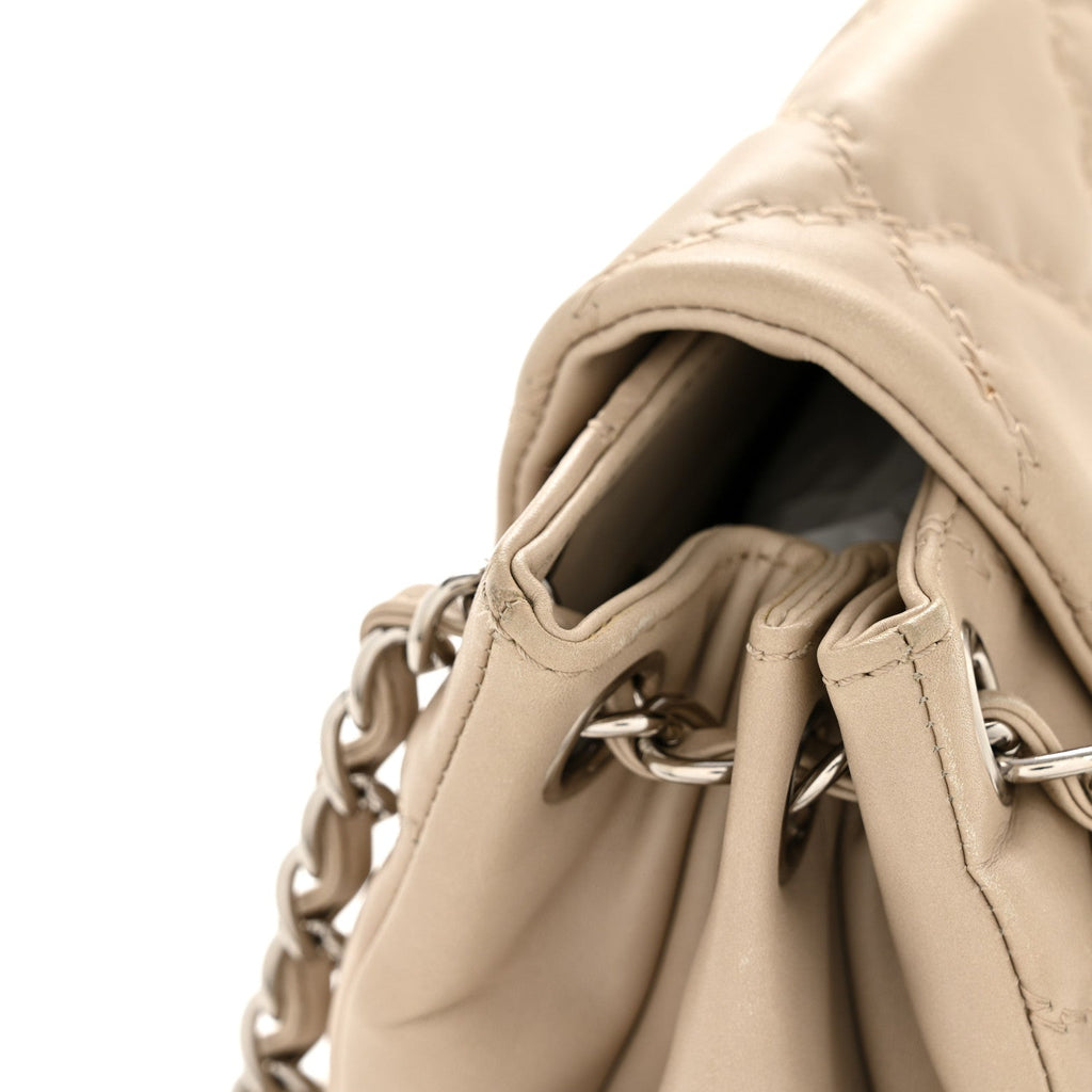 Chanel Calfskin Double Stitch Large Hamptons Flap Bag Beige
