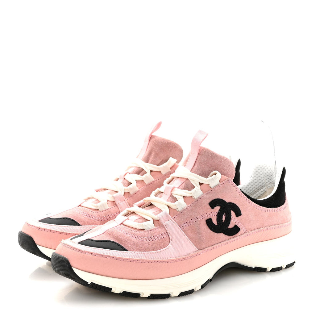 Chanel Suede Calfskin Grosgrain Womens CC Sneakers 39.5 Light Pink Black