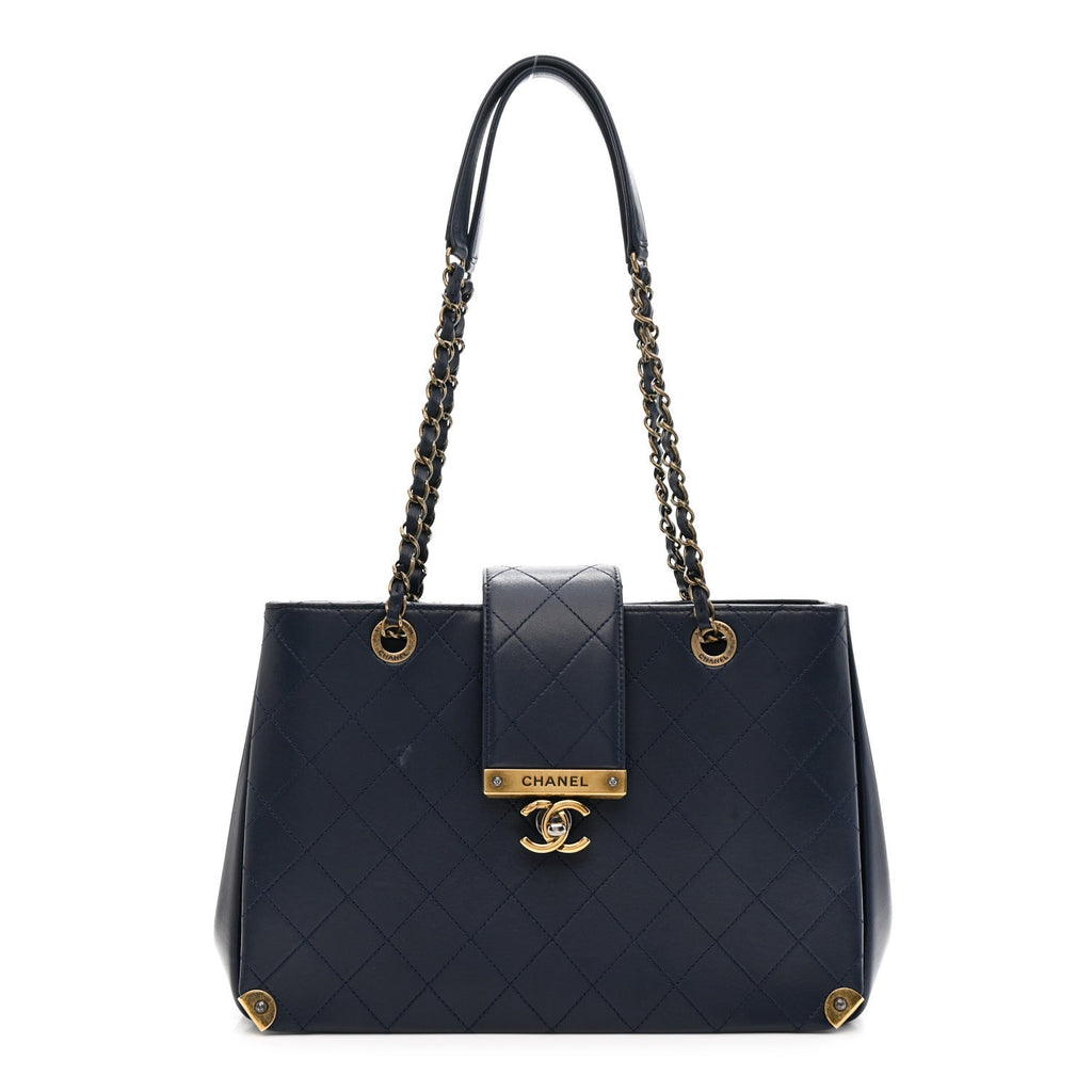 Chanel Lambskin Stitched Medium Around The Corner Shopping Tote Deep Marine