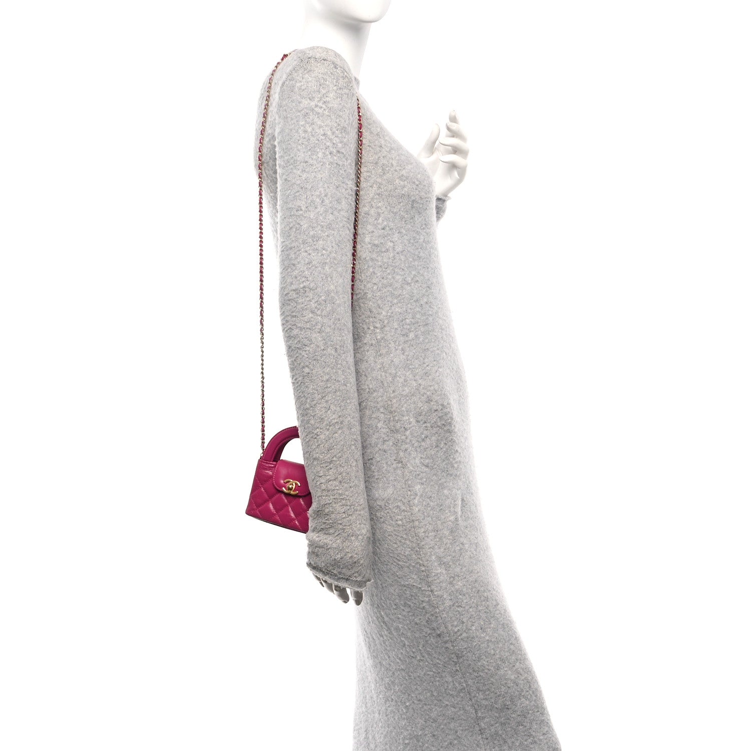 Chanel Shiny Aged Calfskin Quilted Mini Nano Kelly Shopper Dark Pink