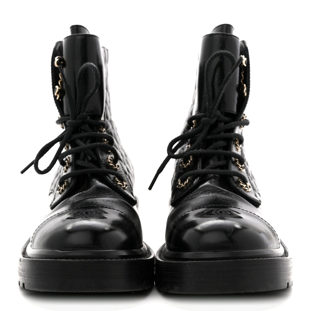 Chanel Shiny Goatskin Calfskin Quilted Lace Up Combat Boots 38.5 Black