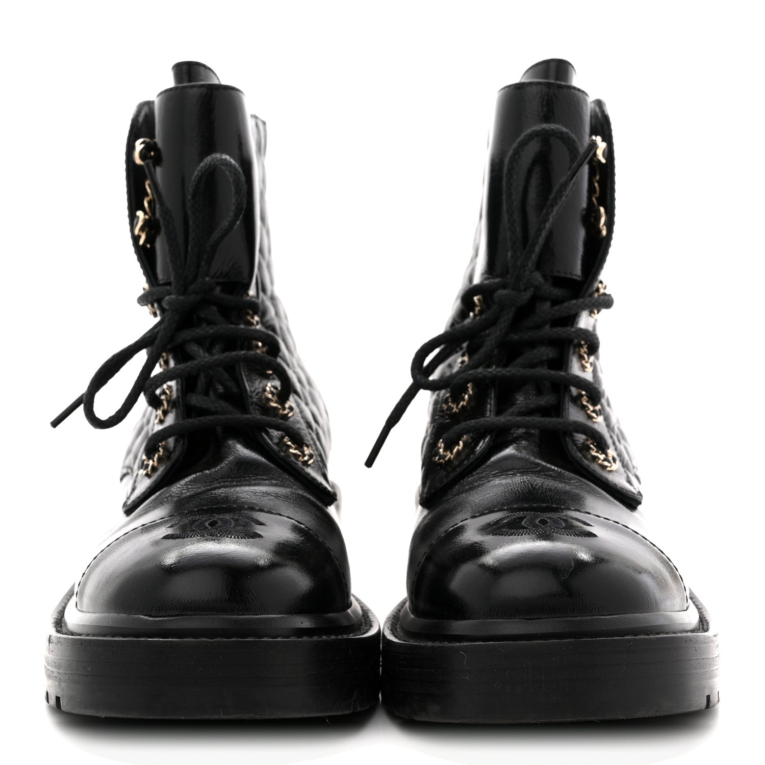 Chanel Shiny Goatskin Calfskin Quilted Lace Up Combat Boots 38.5 Black