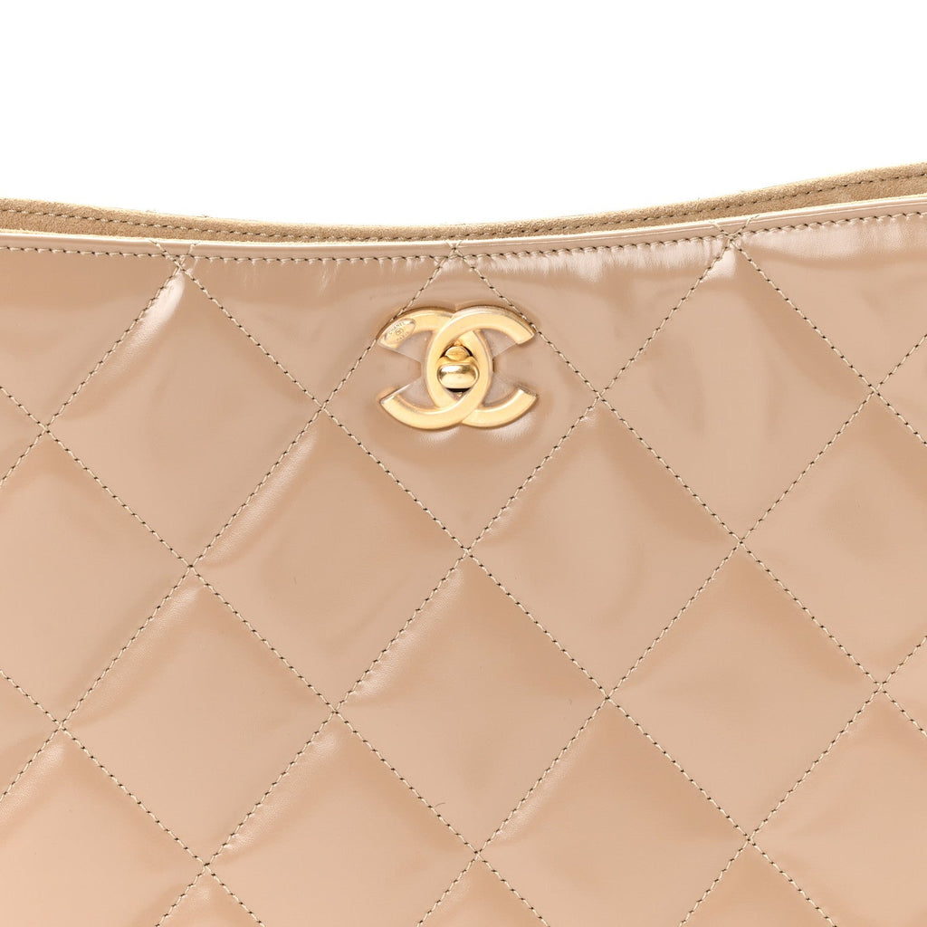 Chanel Shiny Calfskin Suede Goatskin Quilted Hobo Beige
