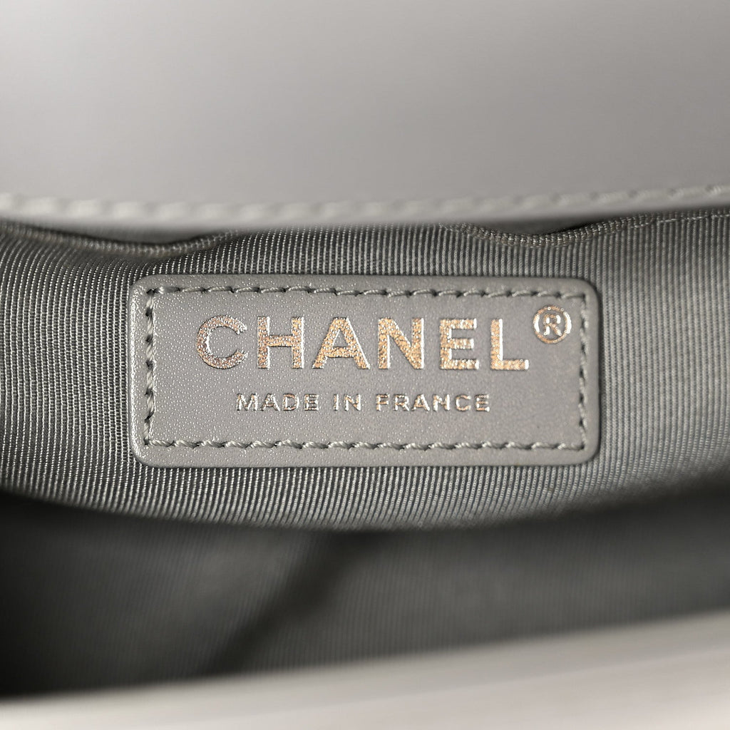 Chanel Iridescent Lambskin Quilted Small Chain Around Boy Flap Grey