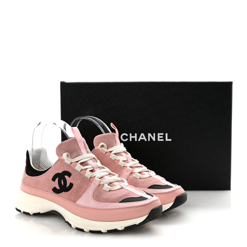Chanel Suede Calfskin Grosgrain Womens CC Sneakers 39.5 Light Pink Black