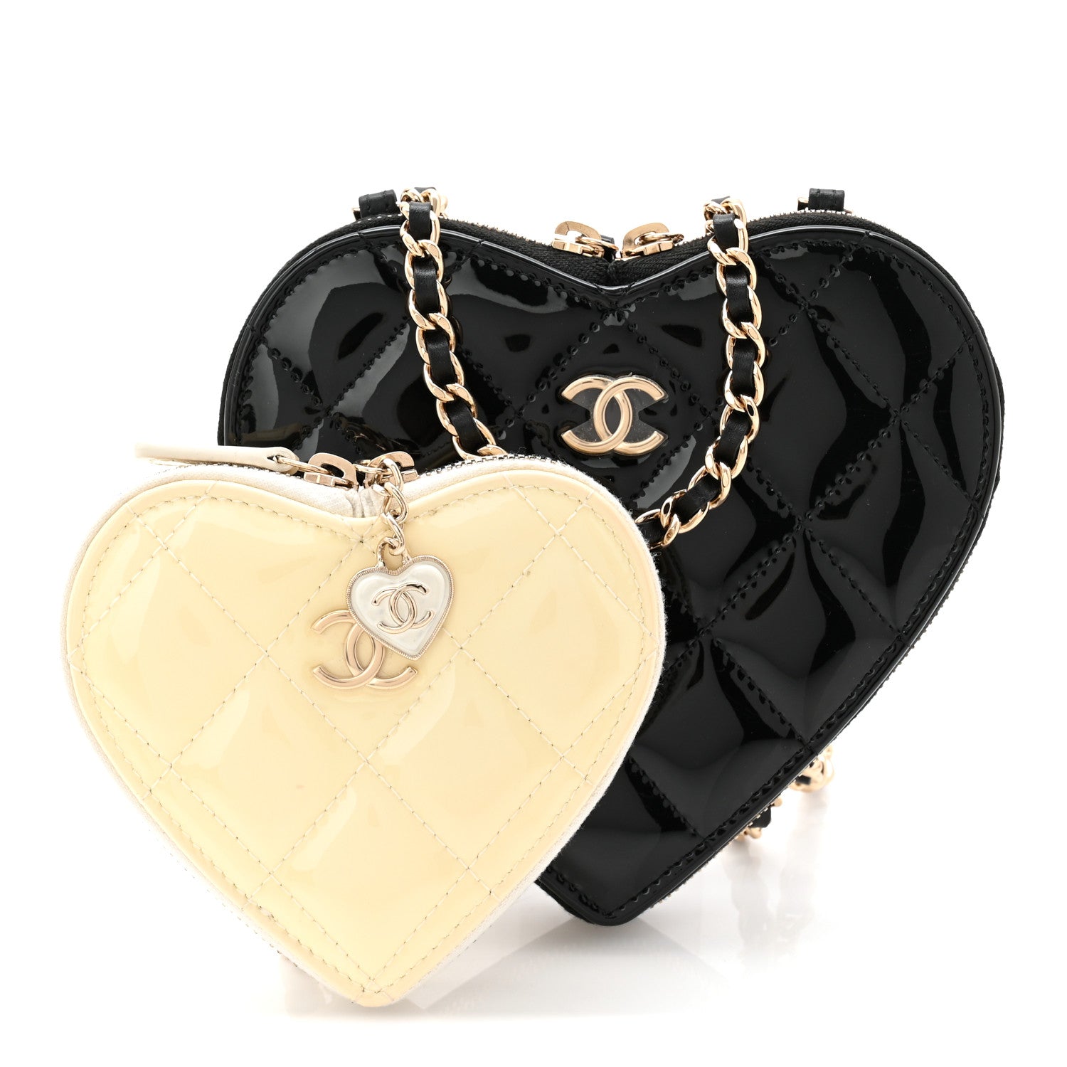 Chanel Patent Calfskin Resin Quilted CC Heart Clutch With Chain  Black