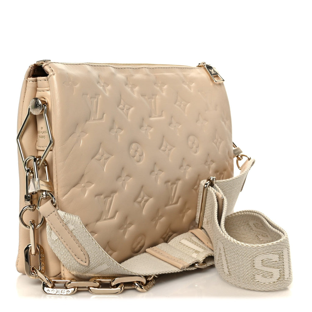 Louis Vuitton Lambskin Swarovski Crystal Embossed Monogram Coussin PM Nude