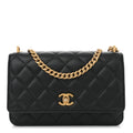 Chanel Lambskin Quilted Sweet Camellia Wallet On Chain WOC Black