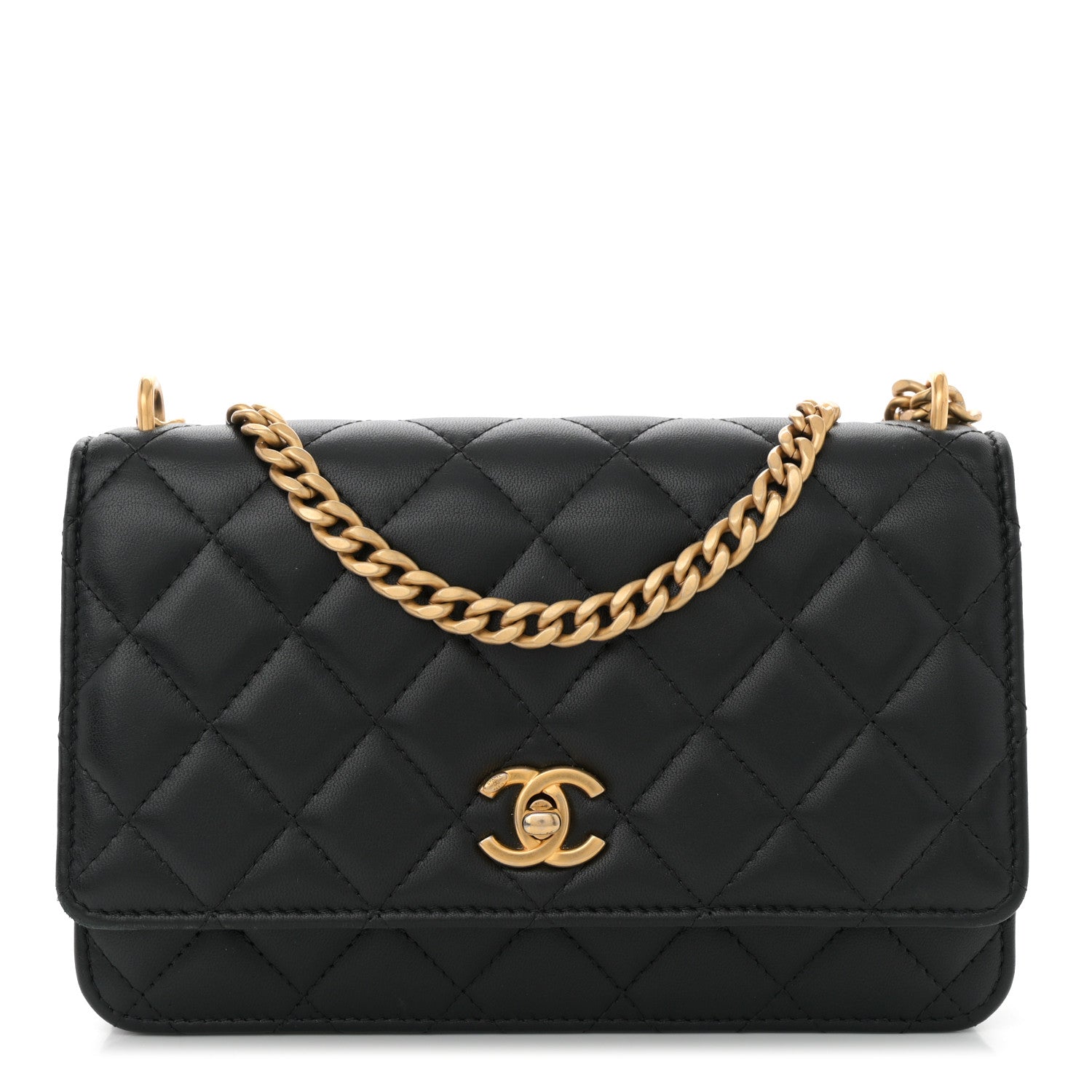 Chanel Lambskin Quilted Sweet Camellia Wallet On Chain WOC Black