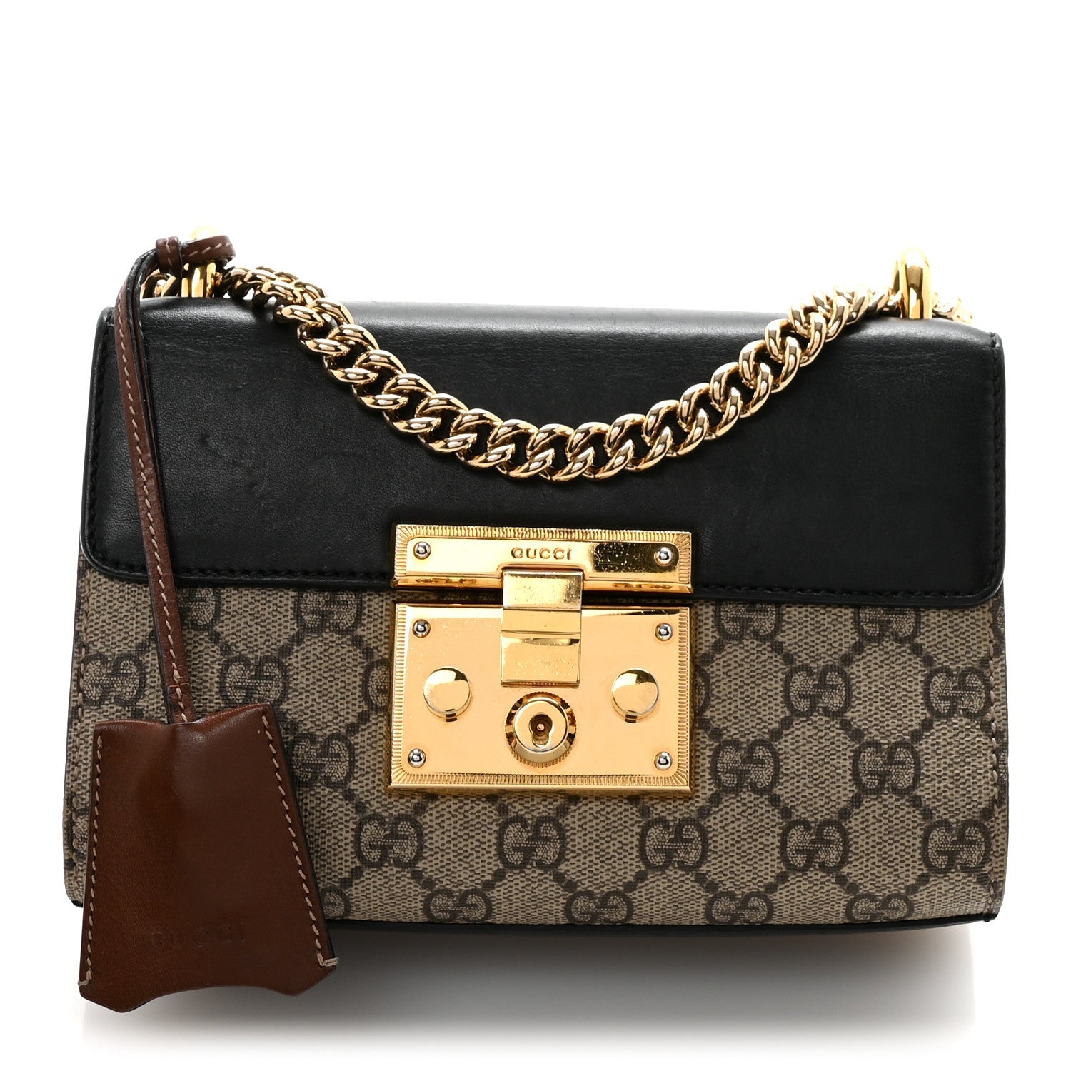Gucci GG Supreme Monogram Calfskin Small Padlock Shoulder Bag Beige Black Cuir