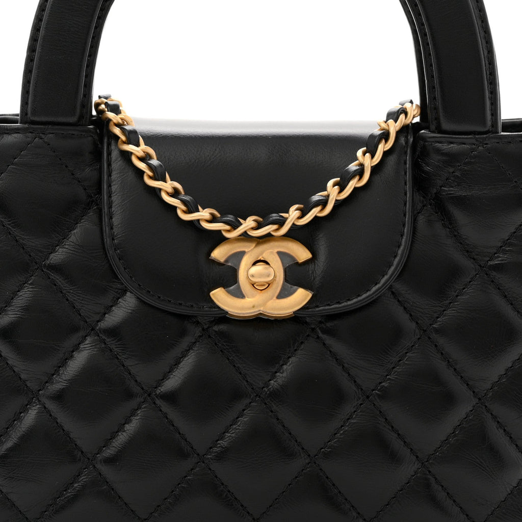 Chanel Shiny Aged Calfskin Quilted Nano Kelly Shopper Black