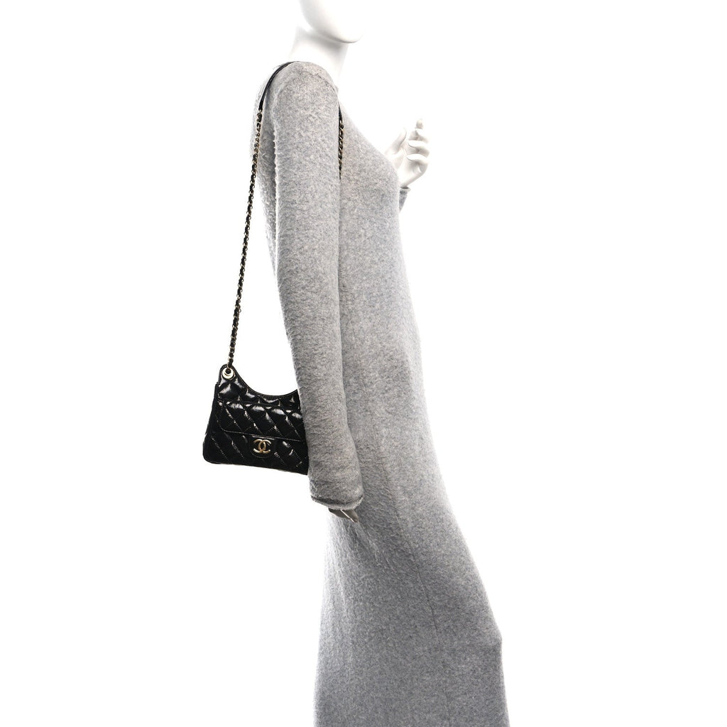 Chanel Shiny Crumpled Calfskin Quilted Small Wavy CC Hobo Black