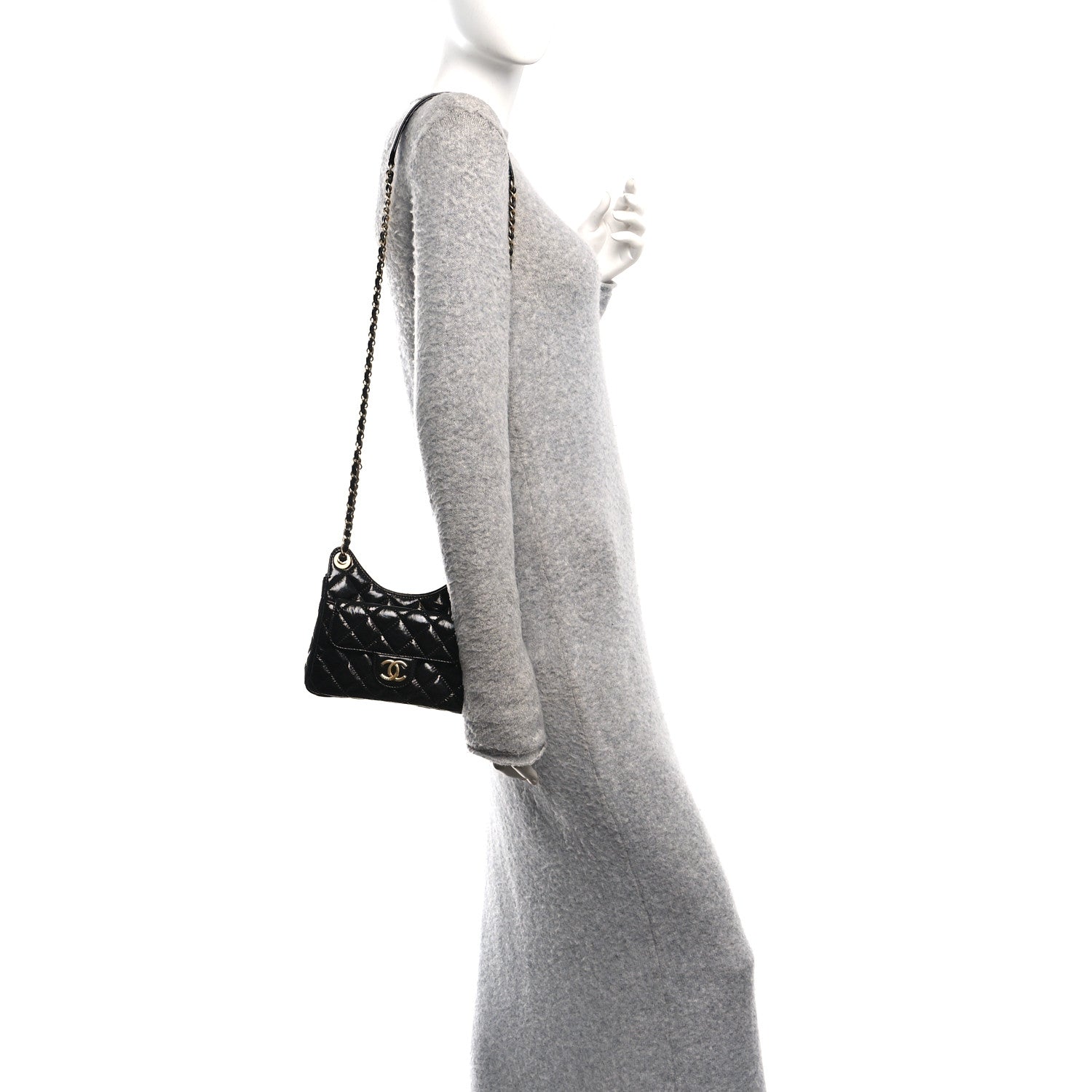 Chanel Shiny Crumpled Calfskin Quilted Small Wavy CC Hobo Black