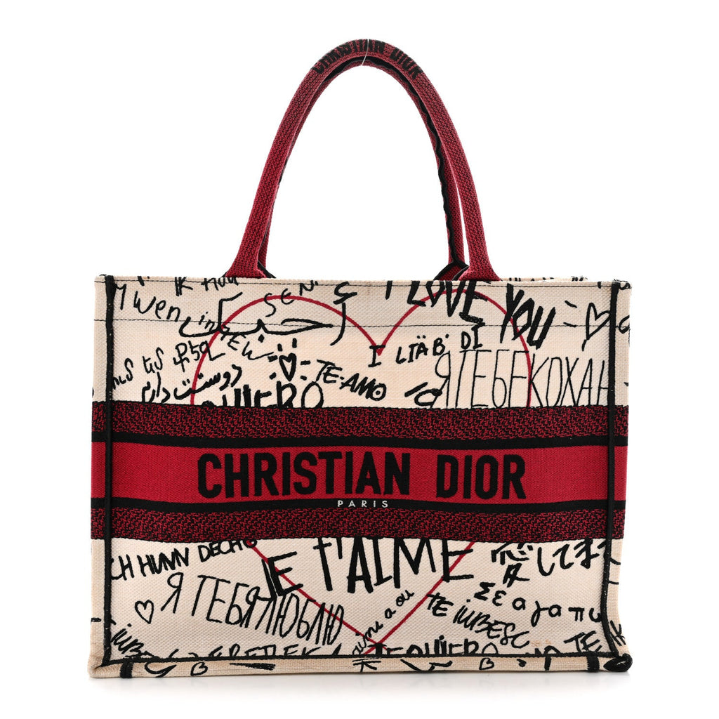 Christian Dior Canvas Embroidered Medium Dioramour Graffiti Book Tote Latte Multicolor