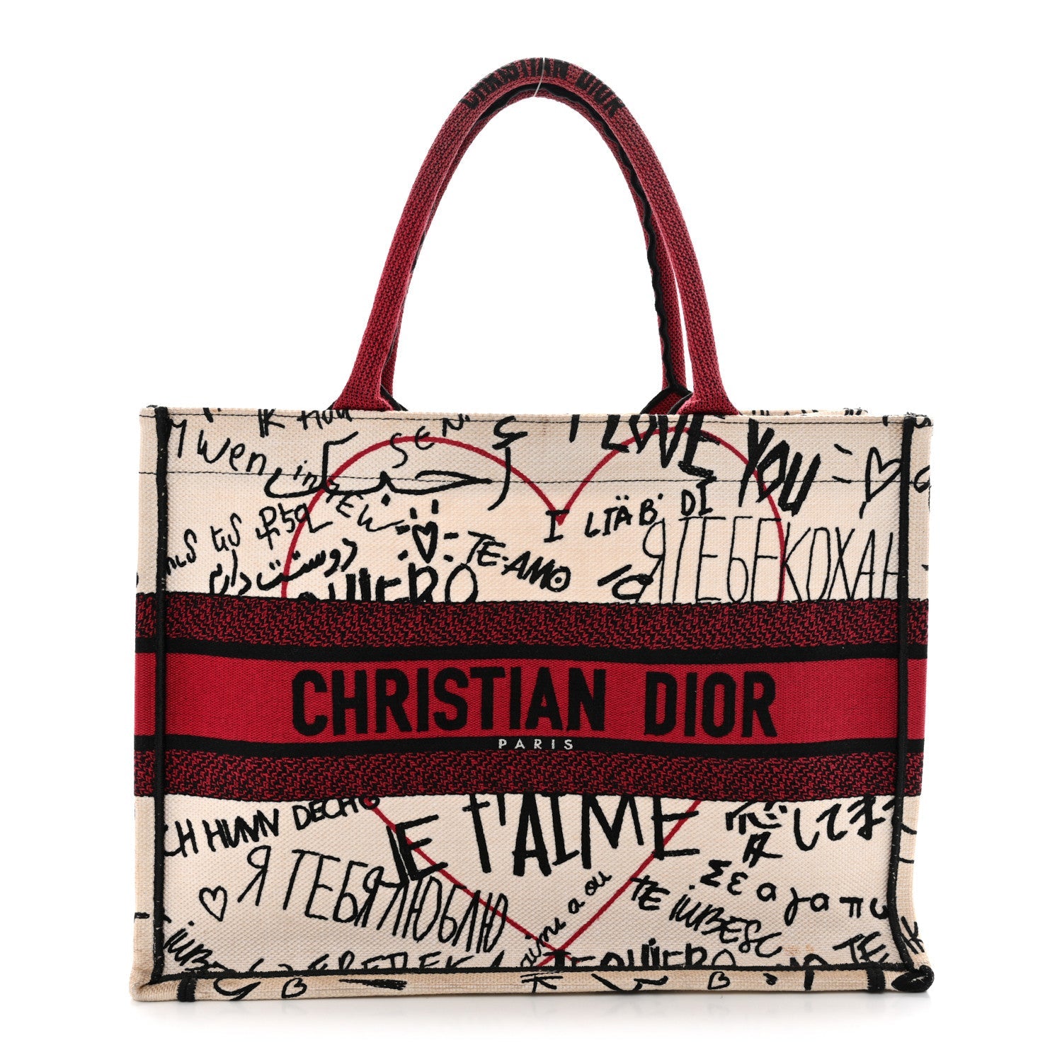Christian Dior Canvas Embroidered Medium Dioramour Graffiti Book Tote Latte Multicolor