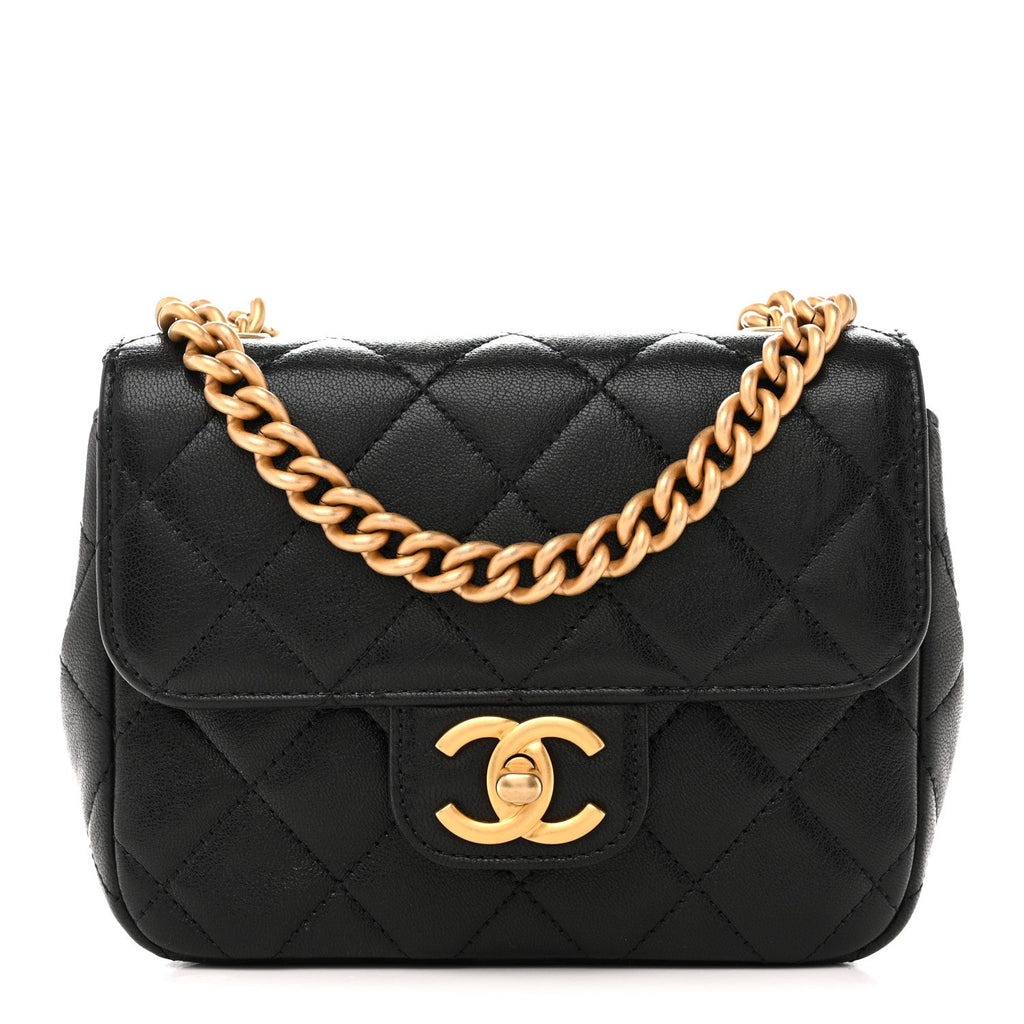 Chanel Shiny Goatskin Quilted Mini Chain Strap Flap Black