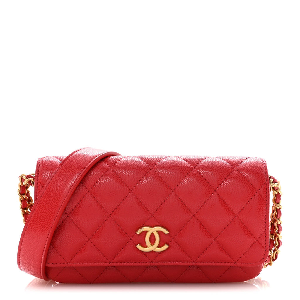Chanel Caviar Quilted Yours Buttons Phone Holder With Chain Red