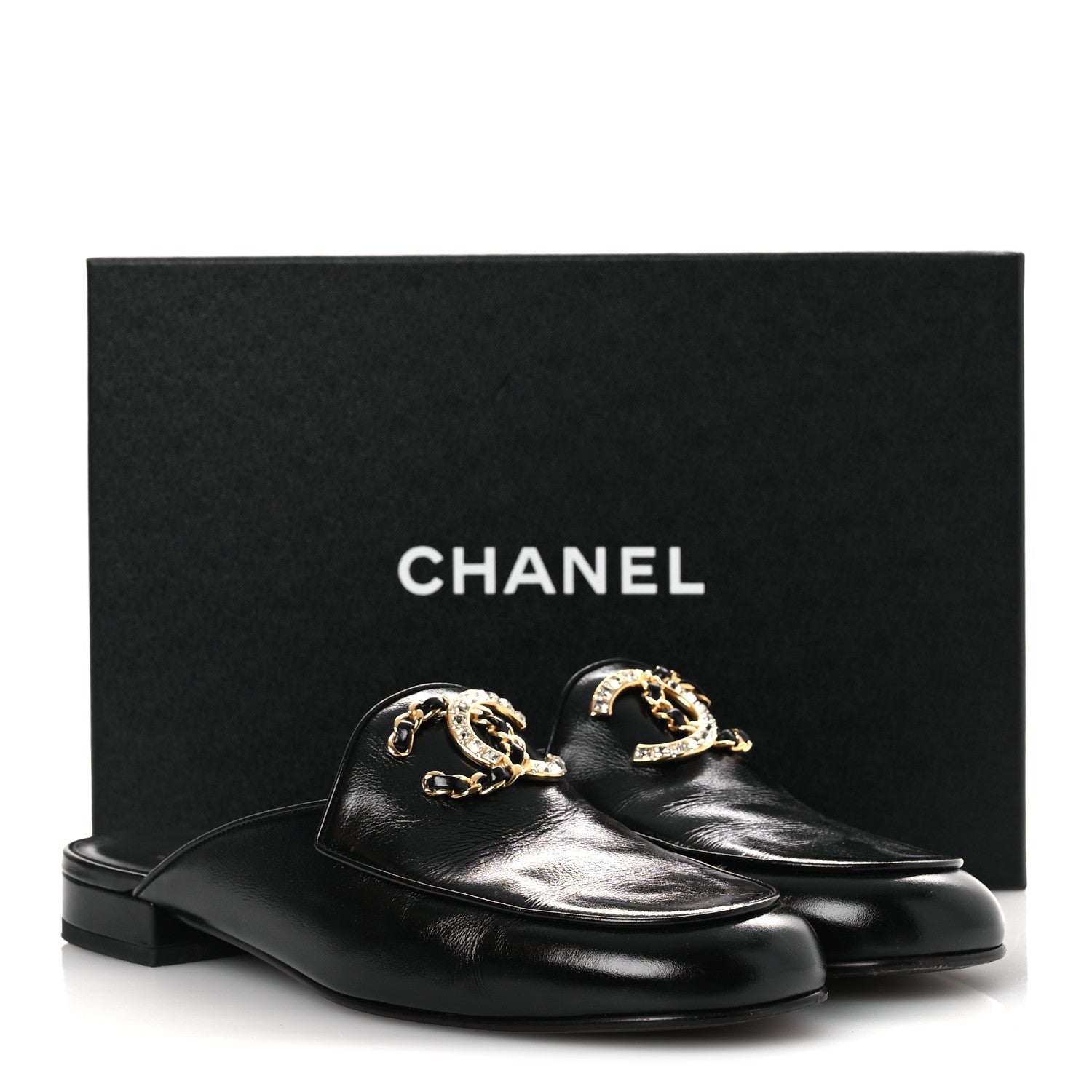 Chanel Shiny Calfskin Crystal CC Mules 41 Black