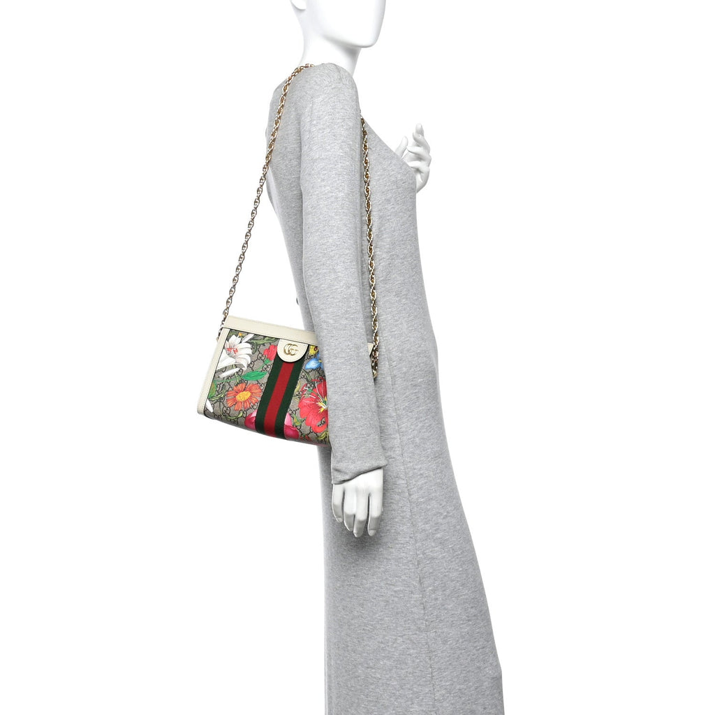 Gucci GG Supreme Monogram Flora Web Small Ophidia Chain Shoulder Bag White