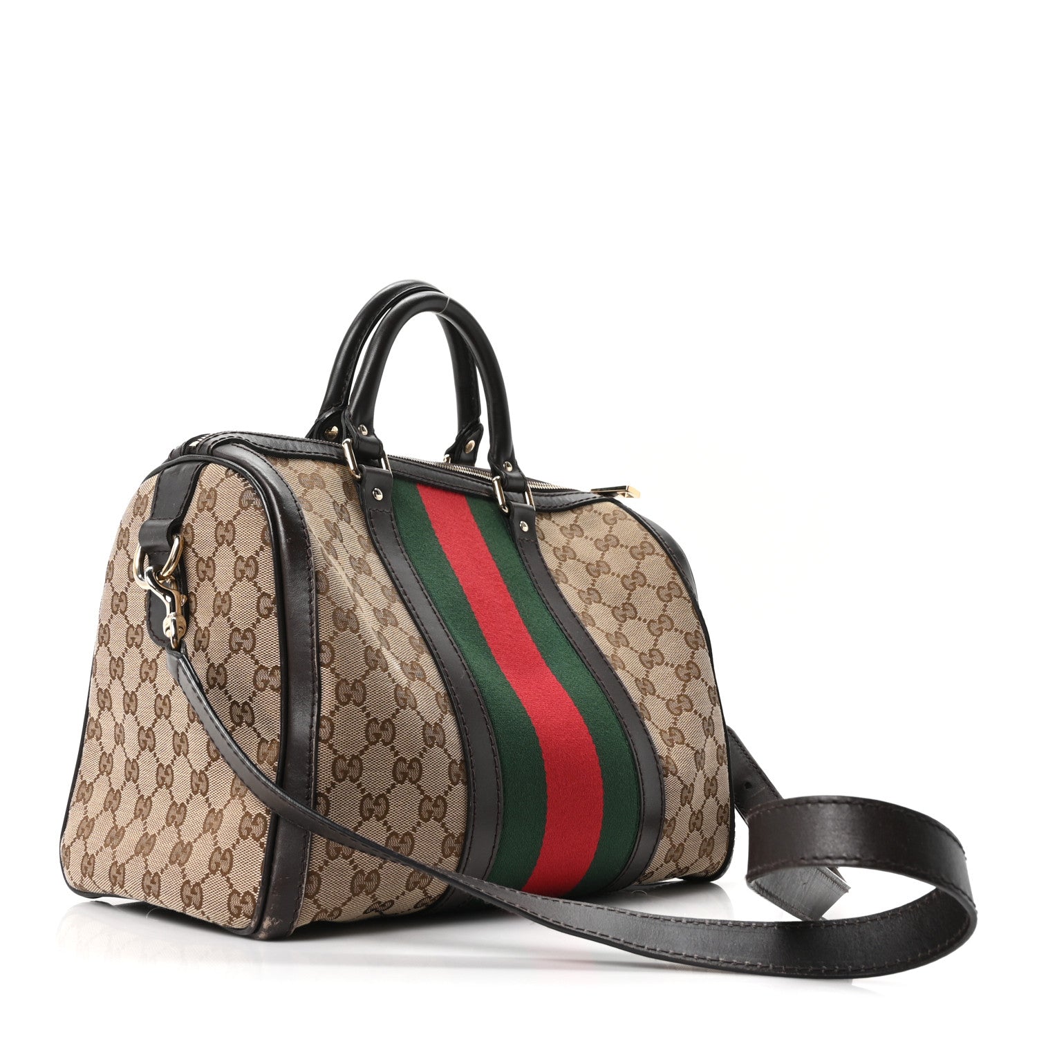 Gucci Monogram Selleria Calfskin Vintage Web Medium Boston Beige Ebony Cocoa
