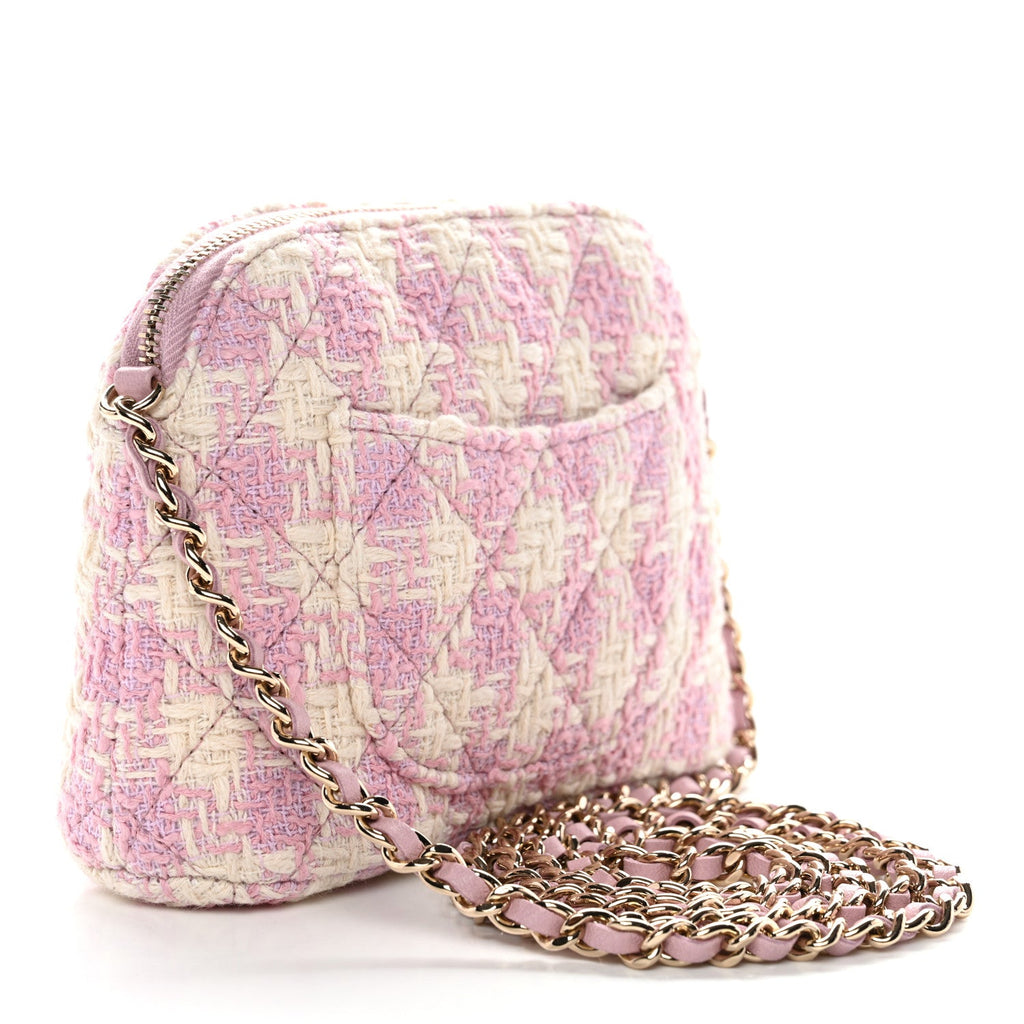Chanel Tweed Quilted Mini Clutch With Chain Pink