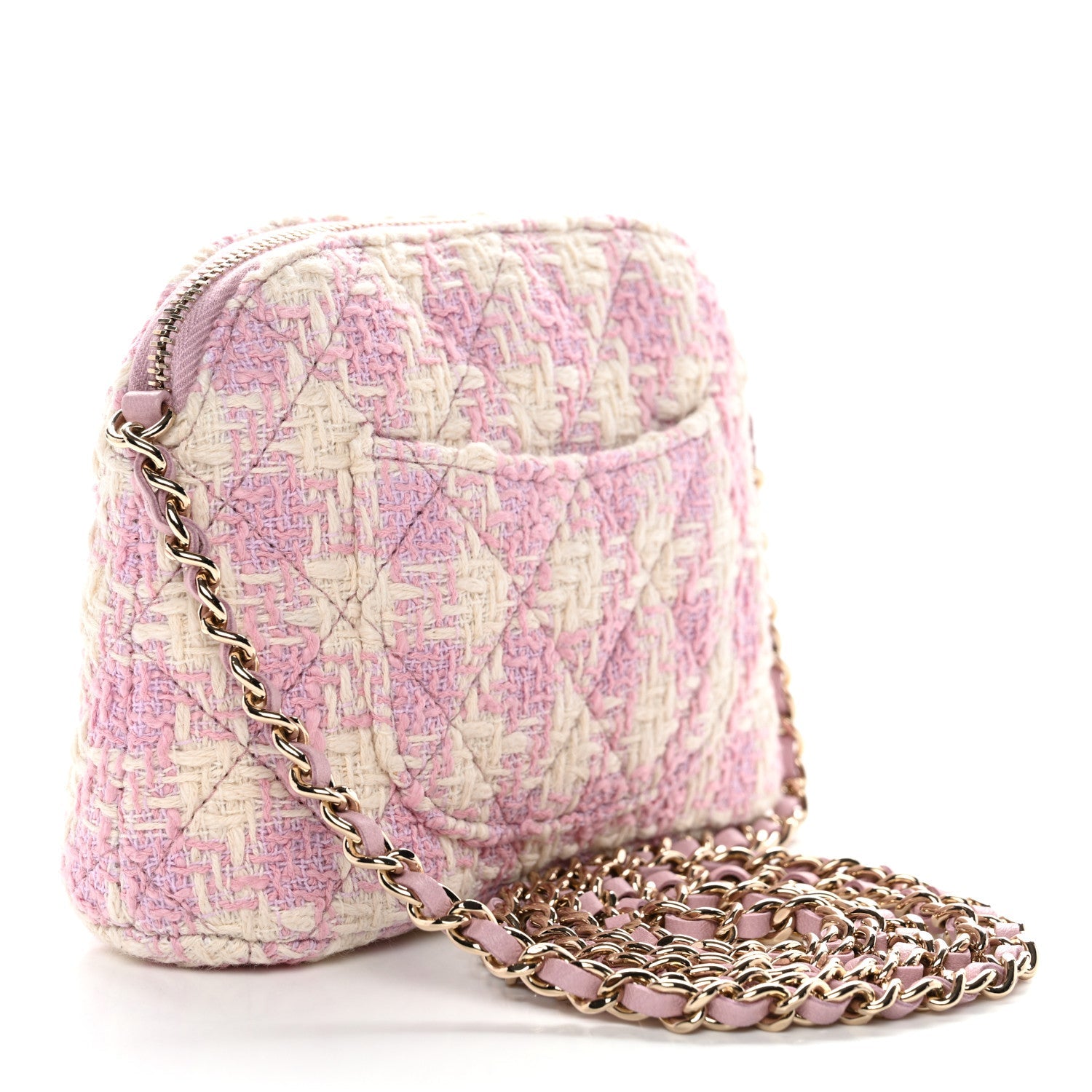 Chanel Tweed Quilted Mini Clutch With Chain Pink