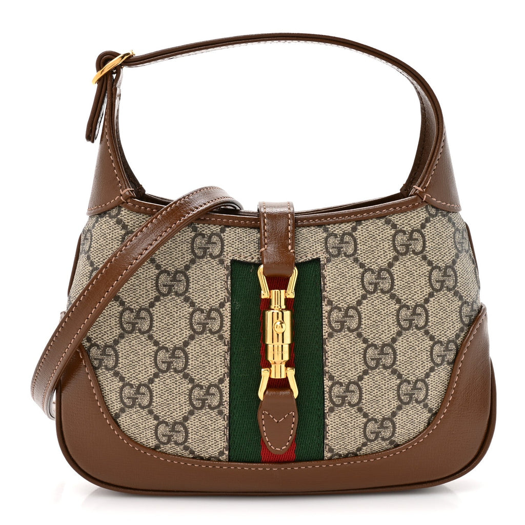 Gucci GG Supreme Monogram Azalea Calfskin Web Mini Jackie 1961 Hobo Beige Ebony Brown Sugar