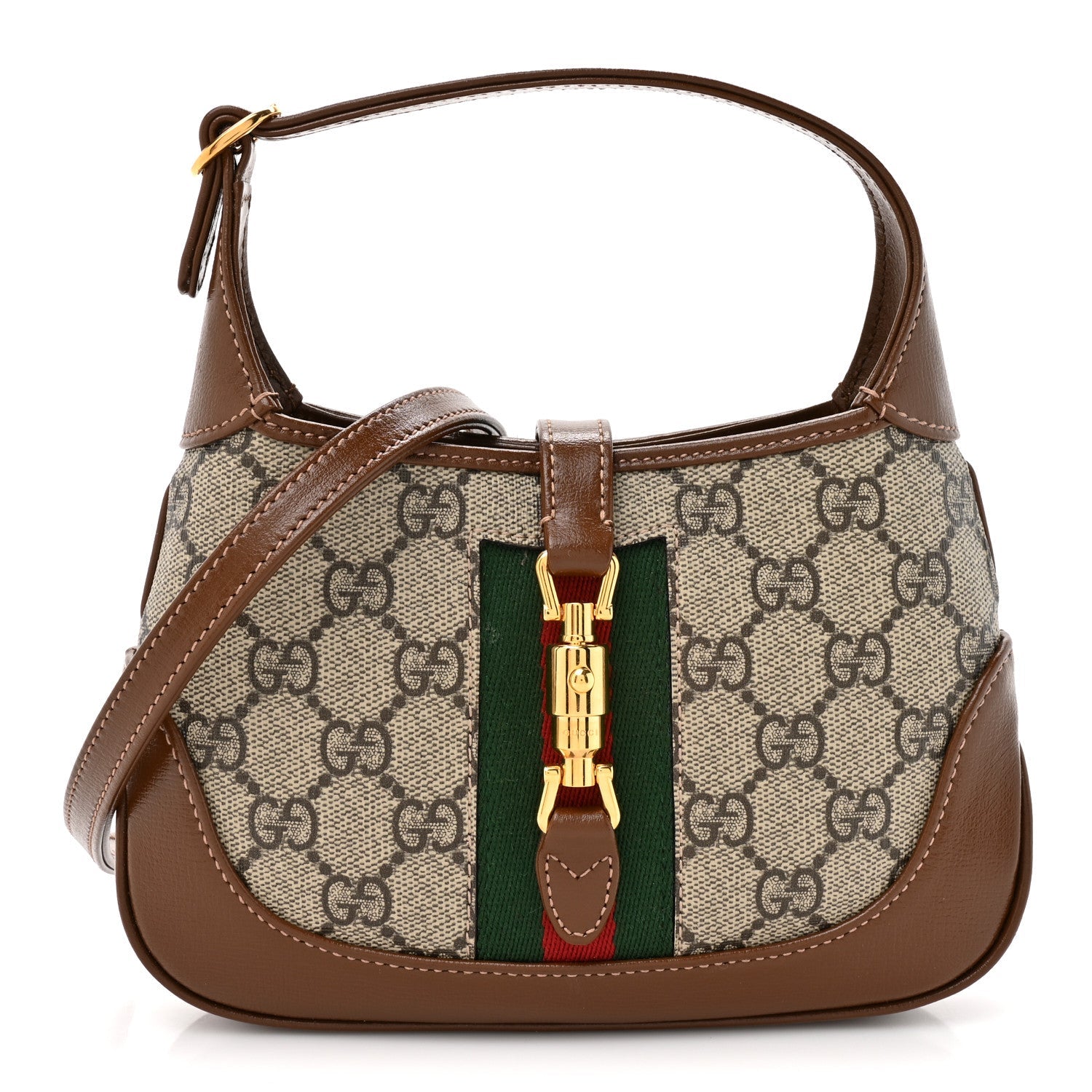 Gucci GG Supreme Monogram Azalea Calfskin Web Mini Jackie 1961 Hobo Beige Ebony Brown Sugar