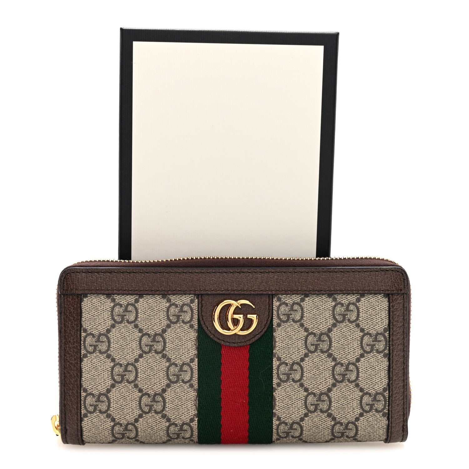 Gucci GG Supreme Monogram Web Ophidia Zip Around Wallet Brown