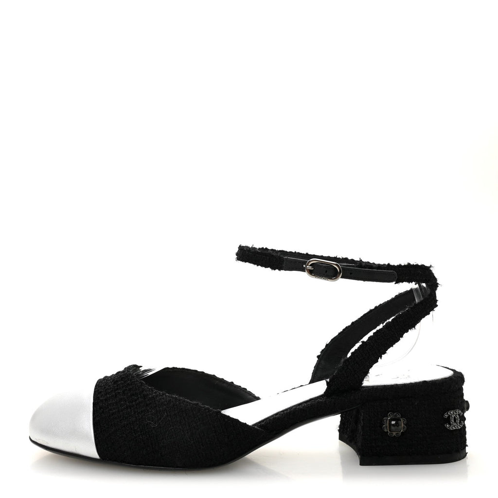 Chanel Tweed Iridescent Calfskin Cap Toe CC Slingback Pumps 38.5 Black Silver