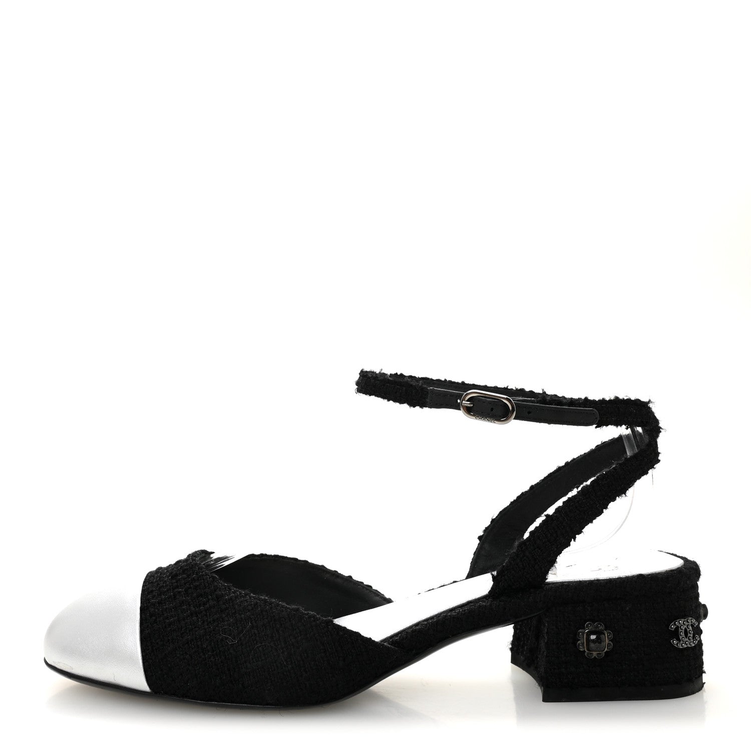 Chanel Tweed Iridescent Calfskin Cap Toe CC Slingback Pumps 38.5 Black Silver