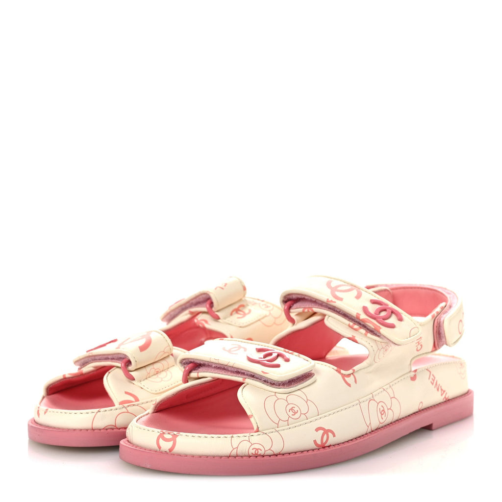 Lambskin Printed CC Velcro Dad Sandals 37 White Pink