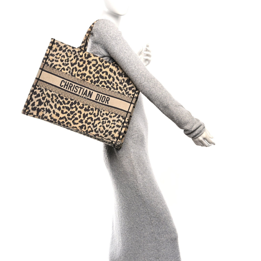 Christian Dior Canvas Mizza Embroidered Large Leopard Book Tote Beige