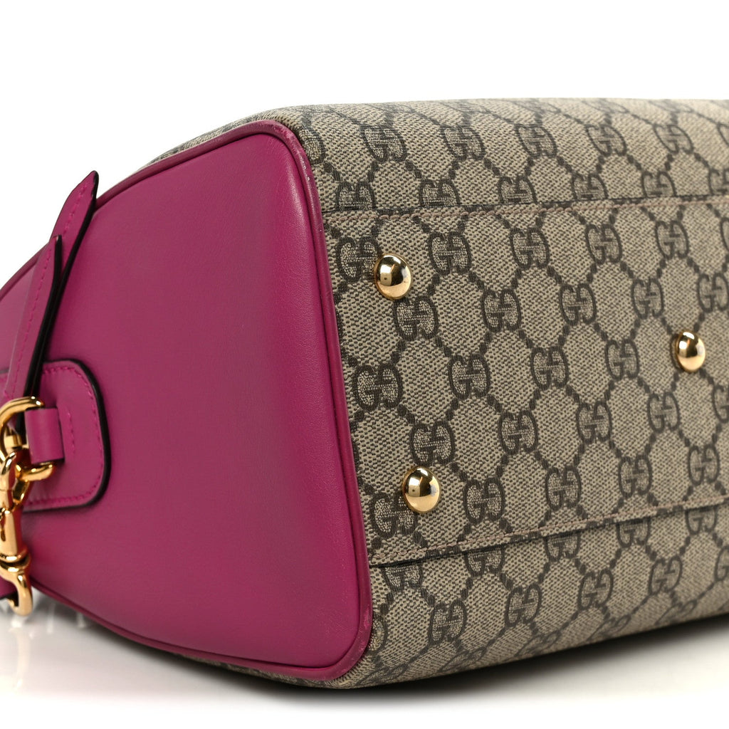 Gucci GG Supreme Monogram Moon Calfskin Small Boston Beige Ebony Hibiscus Red New Rosette