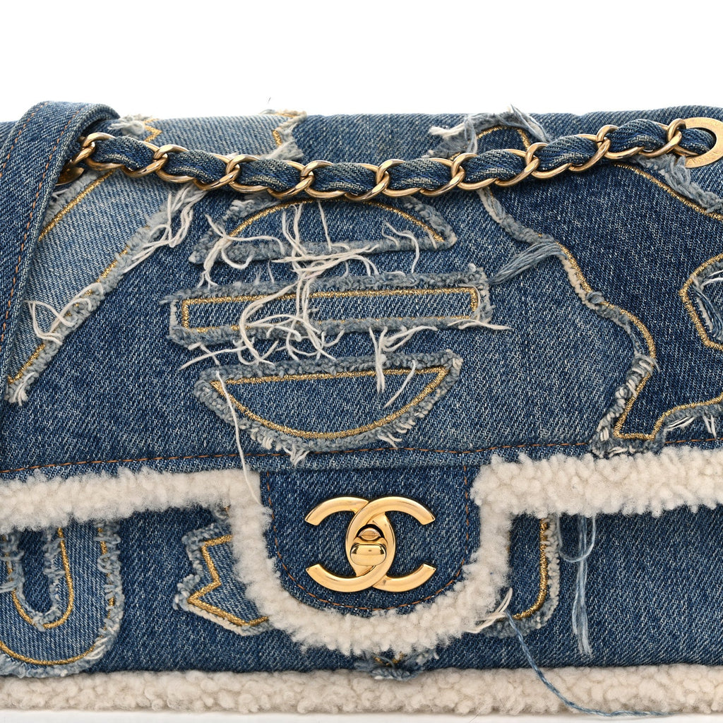 Chanel Denim Shearling Hieroglyph Flap Blue