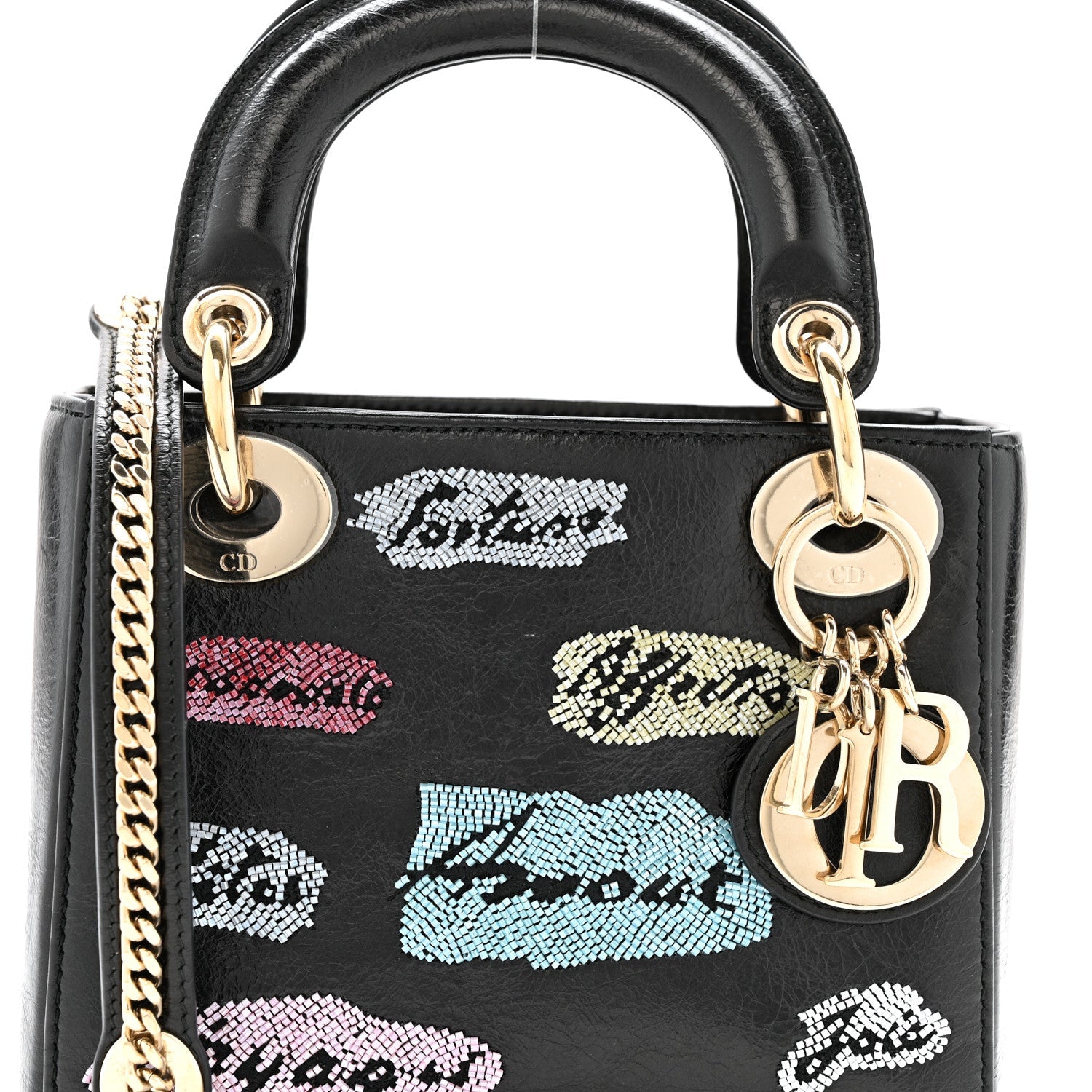 Christian Dior Calfskin Beaded Mini Lady Dior Black