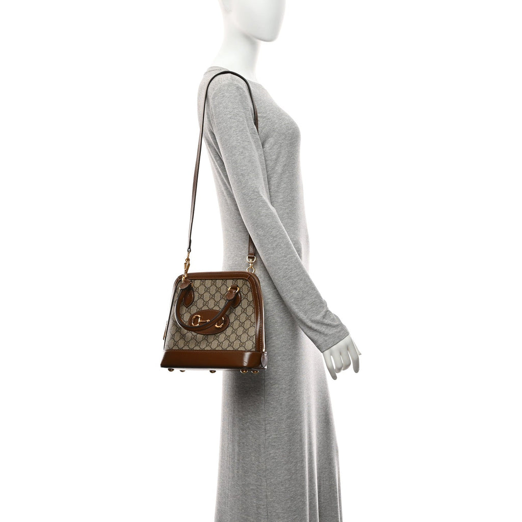 Gucci GG Supreme Monogram Azalea Calfskin Small Horsebit 1955 Top Handle Bag Beige Ebony Brown Sugar