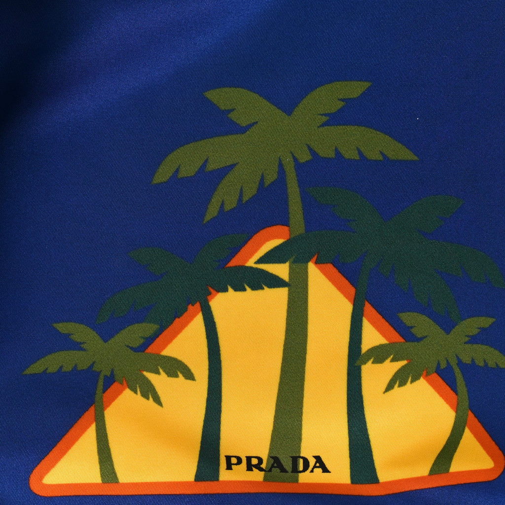 Prada Tessuto Nylon Palm Tree Print Bucket Bag Bluette