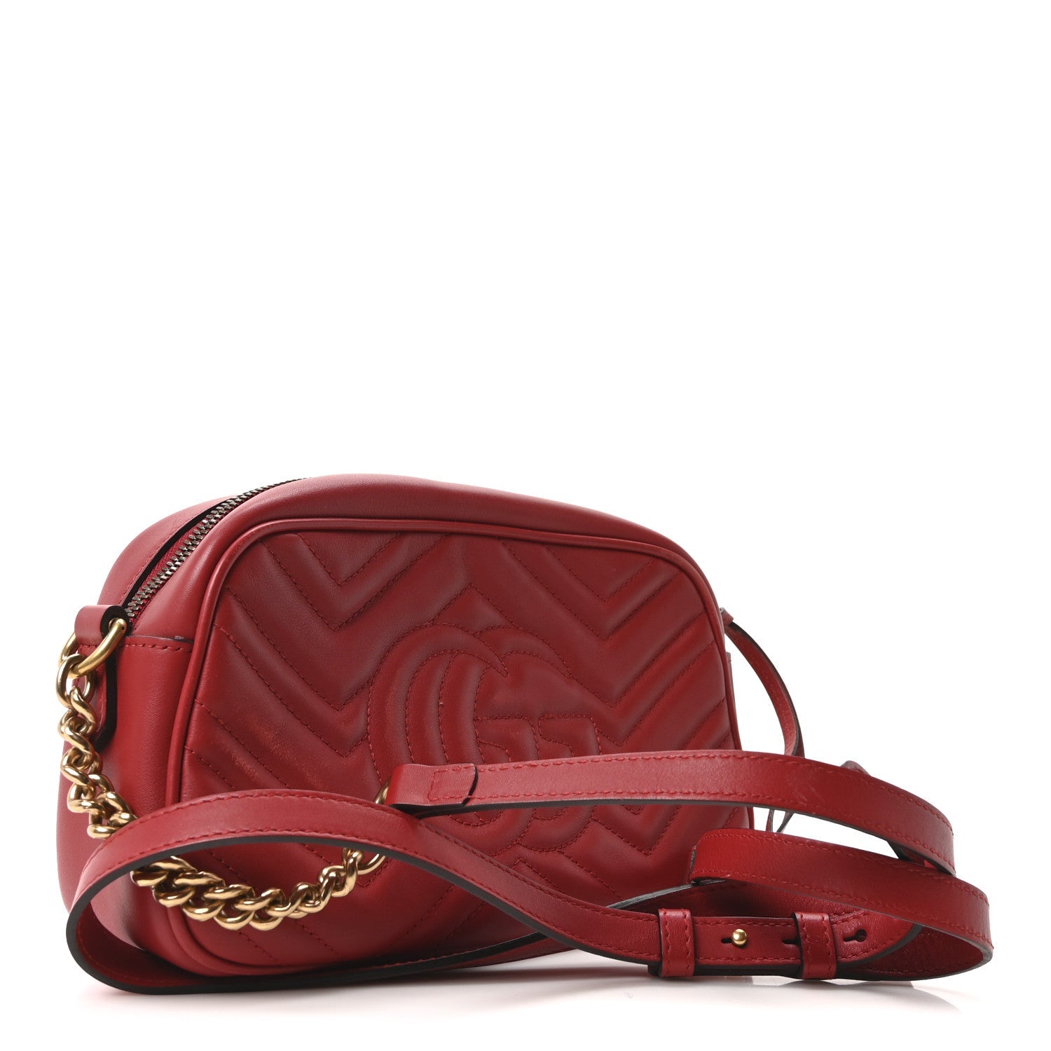Gucci Calfskin Matelasse Small GG Marmont Chain Shoulder Bag Hibiscus Red
