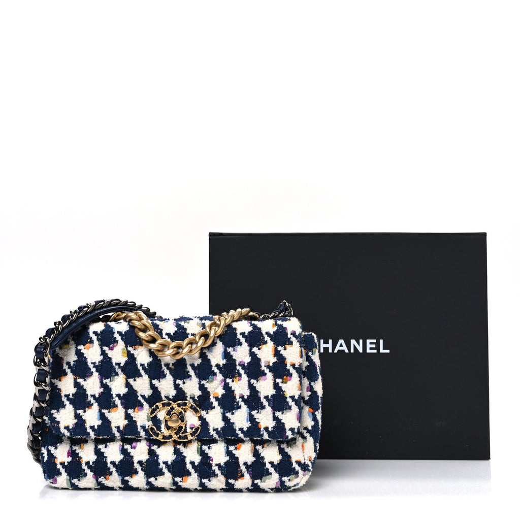 Chanel Tweed Quilted Medium Chanel 19 Flap Ecru Navy Blue Multicolor